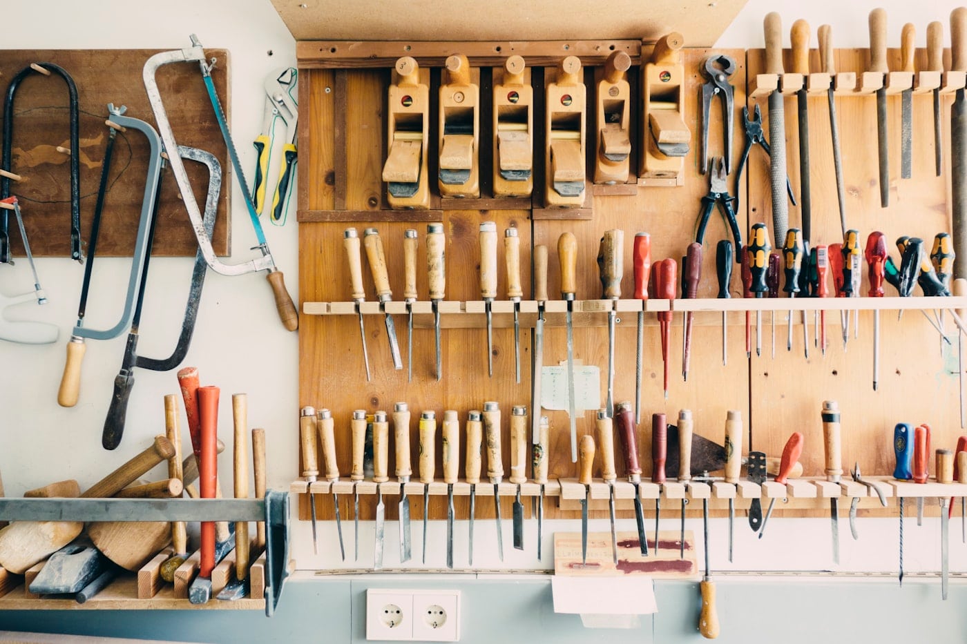 Hand tools neatly arranged for technical work and yacht supply needs